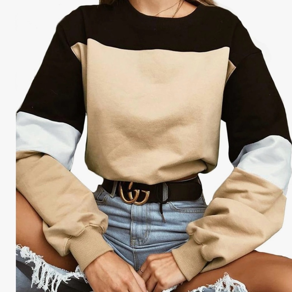 Color Block Lace Up Hem Crop Sweatshirt Casual Long Sleeve Top - Picture 2 of 6